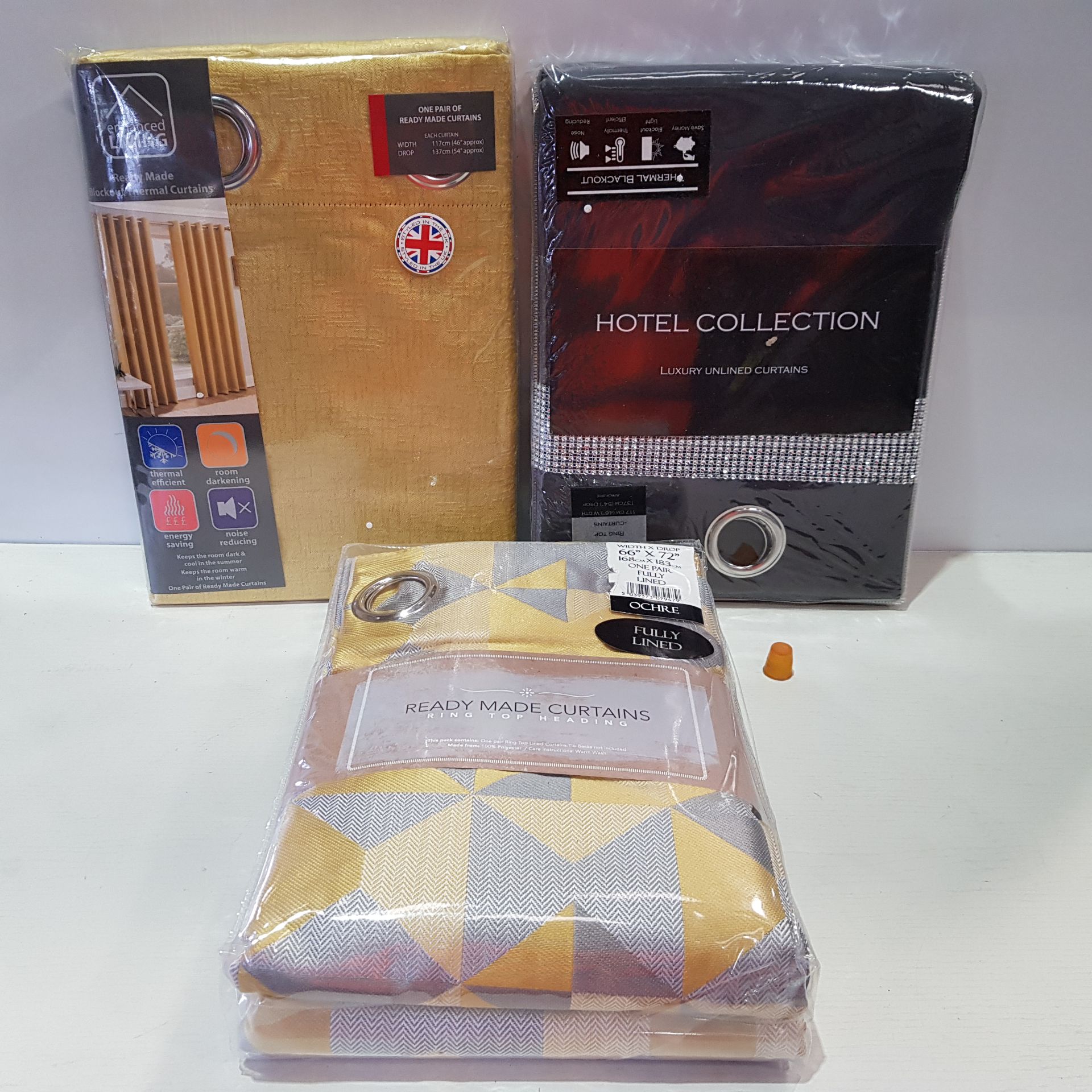 30 X BRAND NEW ENHANCED LIVING- SKANDI AND HOTEL COLLECTION MIXED CURTAIN LOT CONTAINING THERMAL