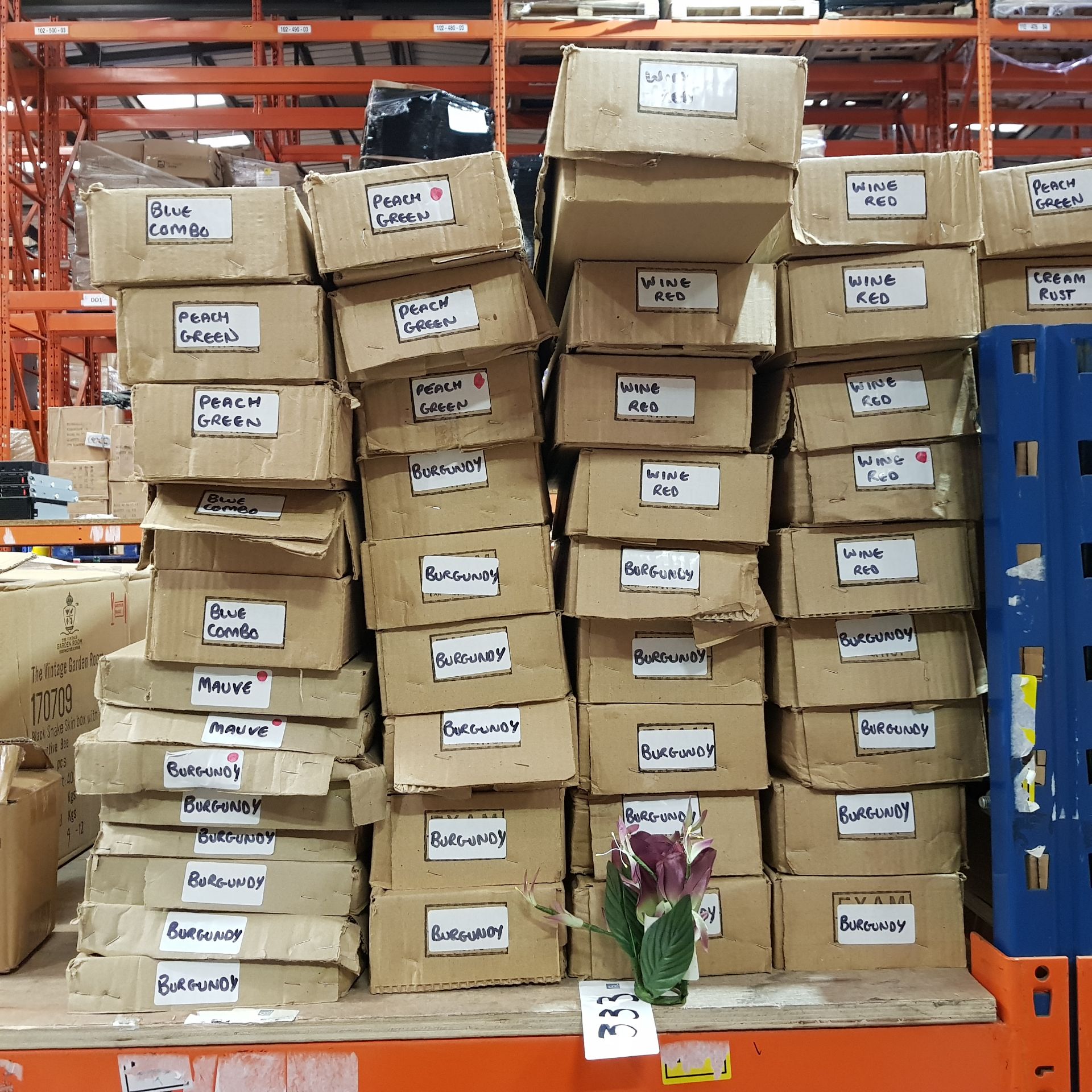 40 BRAND NEW BOXES FULL OF VARIOUS POLYESTER ARTIFICIAL FLOWERS to INCLUDE CANDLE RINGS IN