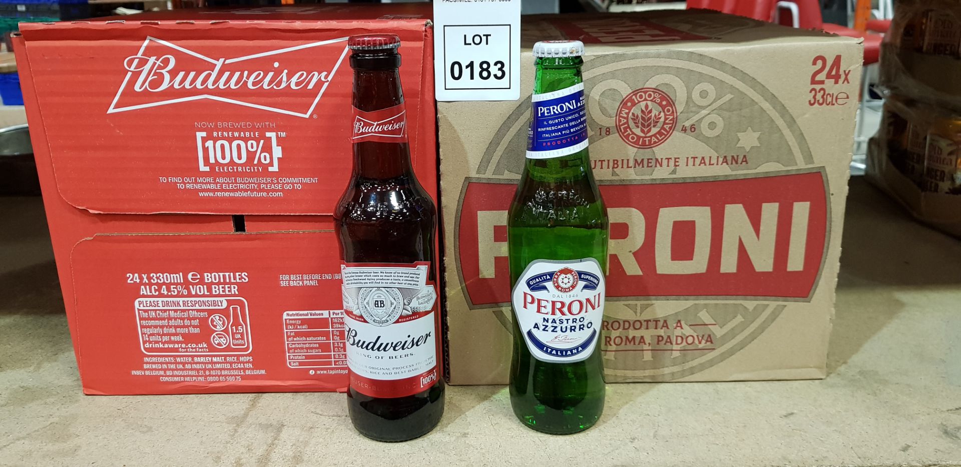 48 X BRAND NEW BOXED MIXED ALCOHOL LOT CONTAINING 24X BUDWEISER BEER 330ML - 24X PERONI BEER 330ML