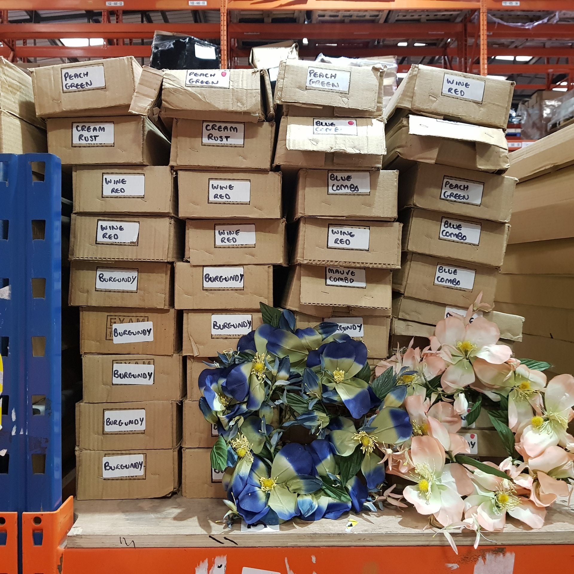 40 BRAND NEW BOXES FULL OF VARIOUS POLYESTER ARTIFICIAL FLOWERS to INCLUDE CANDLE RINGS IN