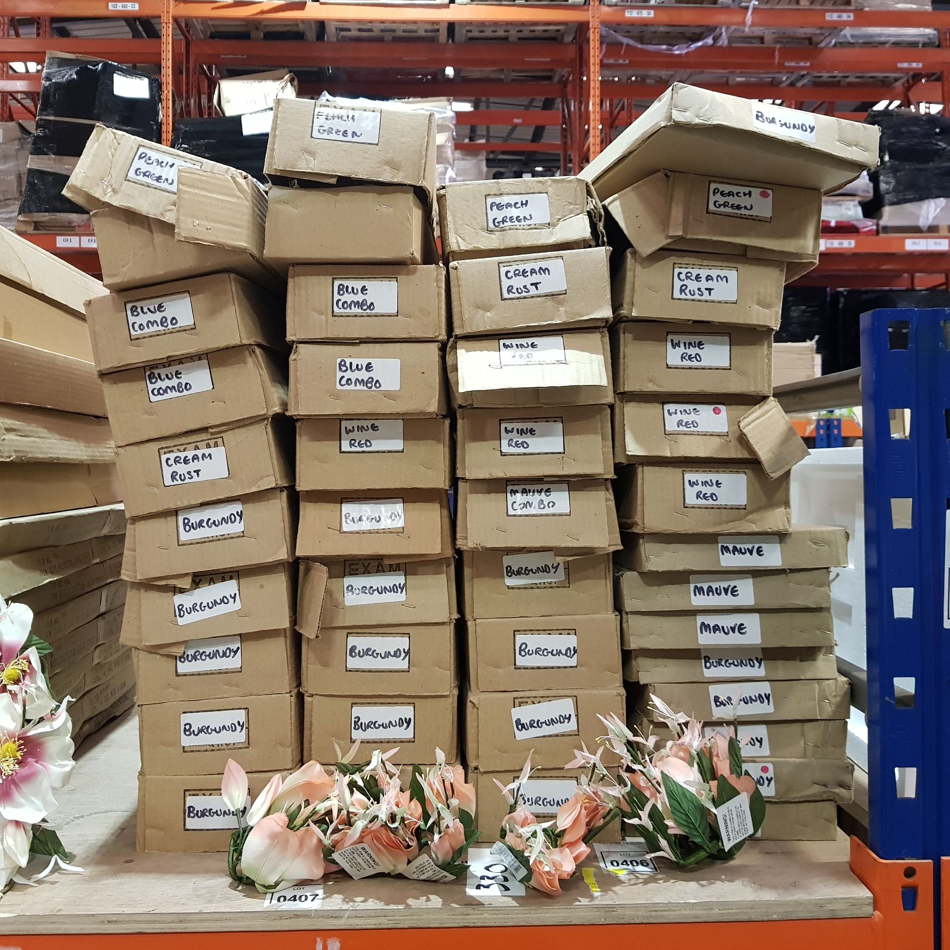 40 BRAND NEW BOXES FULL OF VARIOUS POLYESTER ARTIFICIAL FLOWERS to INCLUDE CANDLE RINGS IN