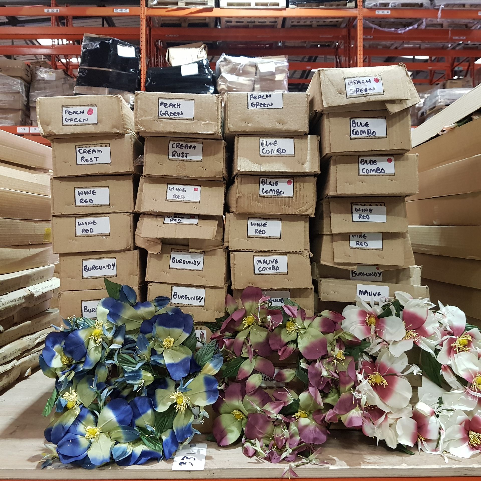 40 BRAND NEW BOXES FULL OF VARIOUS POLYESTER ARTIFICIAL FLOWERS to INCLUDE CANDLE RINGS IN