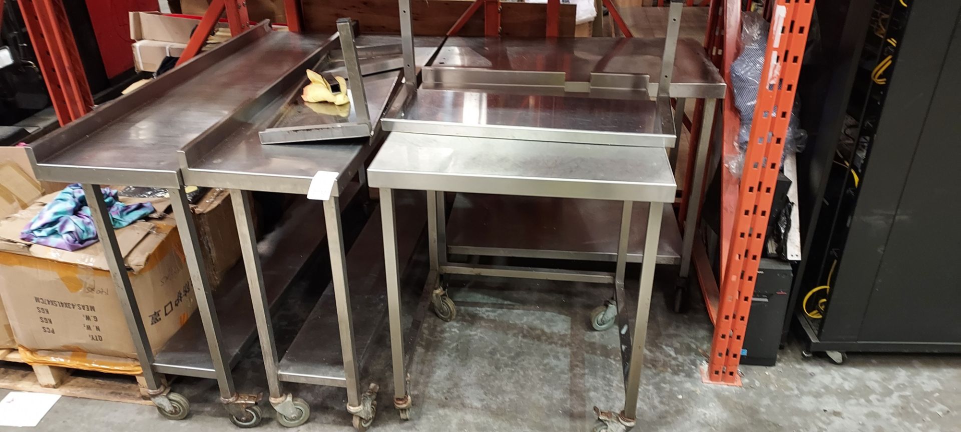 4 PIECE STAINLESS STEEL PREP TABLES - ALL ON WHEELS 2 X ( 90 CM HEIGHT X 140 CM WIDTH X 40 CM
