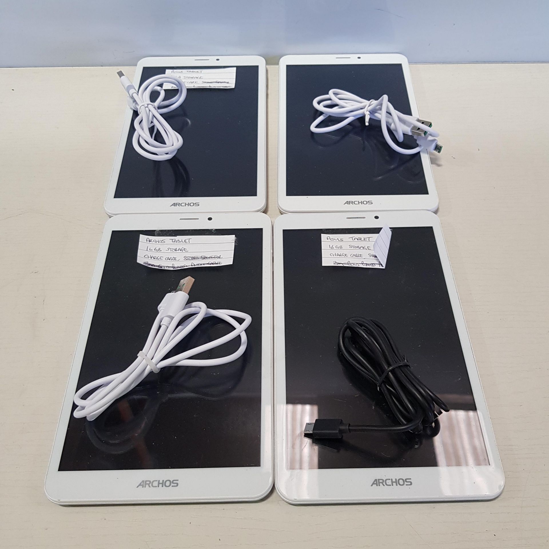 4 X ASUS TABLETS - 16 GB STORAGE WITH CHARGING CABLES (NO POWER PLUGS)