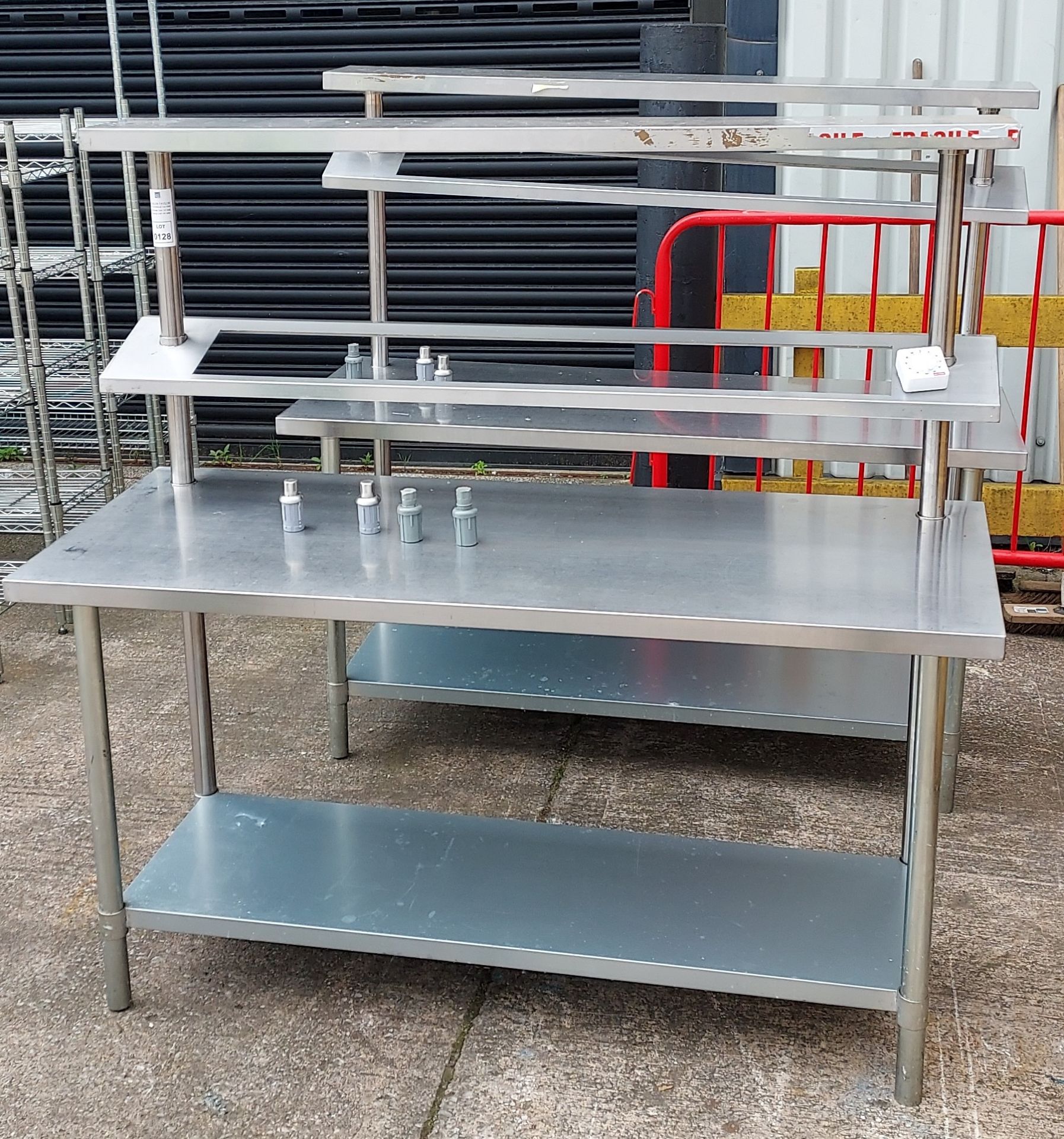 2 X STAINLESS STEEL PREP TABLES 3 TIER WITH GANTRY BOTH - ( 150 CM HEIGHT X 150 CM WIDTH X 60 CM