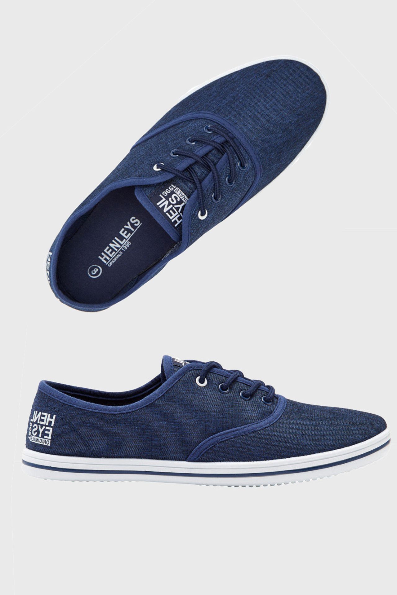 15 X BRAND NEW MENS HENLEY'S LACE UP NAVY AND GREY TRAINER PLIMSOLLS - IN MIXED SIZES TO INCLUDE
