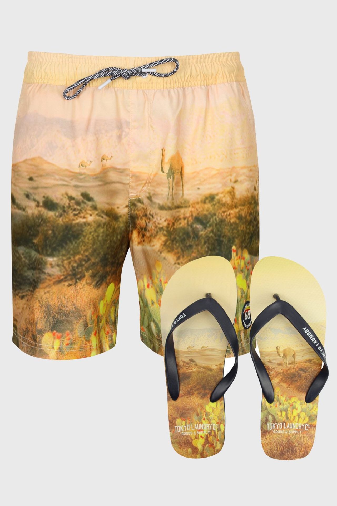 18 X BRAND NEW TOKYO LAUNDRY SWIM SHORTS AND FLIP FLOP SETS IN TL DESERT STLYE IN SIZES - INCLUDES
