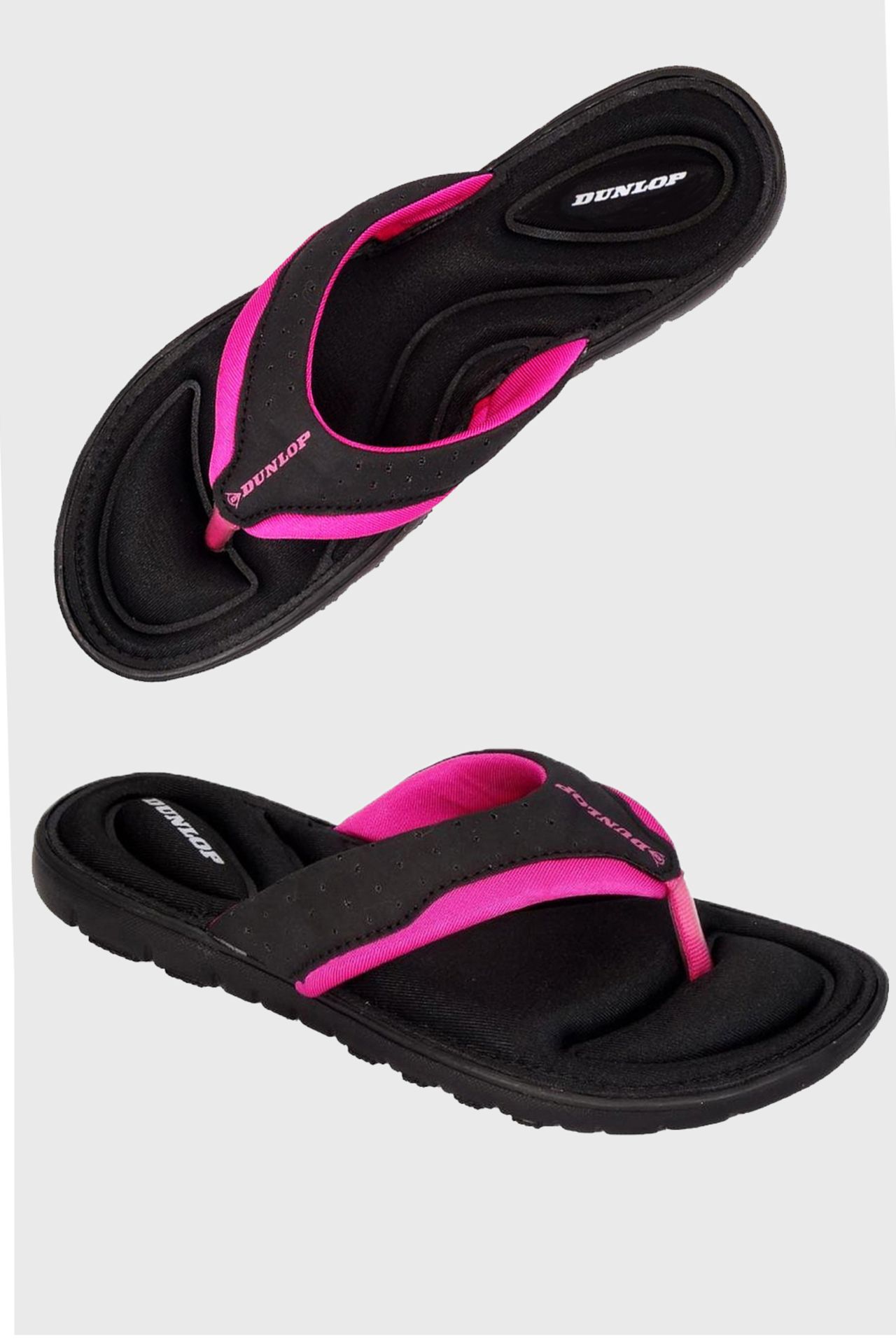 22 X BRAND NEW DUNLOP MEMORY FOAM FLIP FLOPS IN BLACK / PINK - IN MIXED SIZES TO INCLUDE UK 5 / UK 7