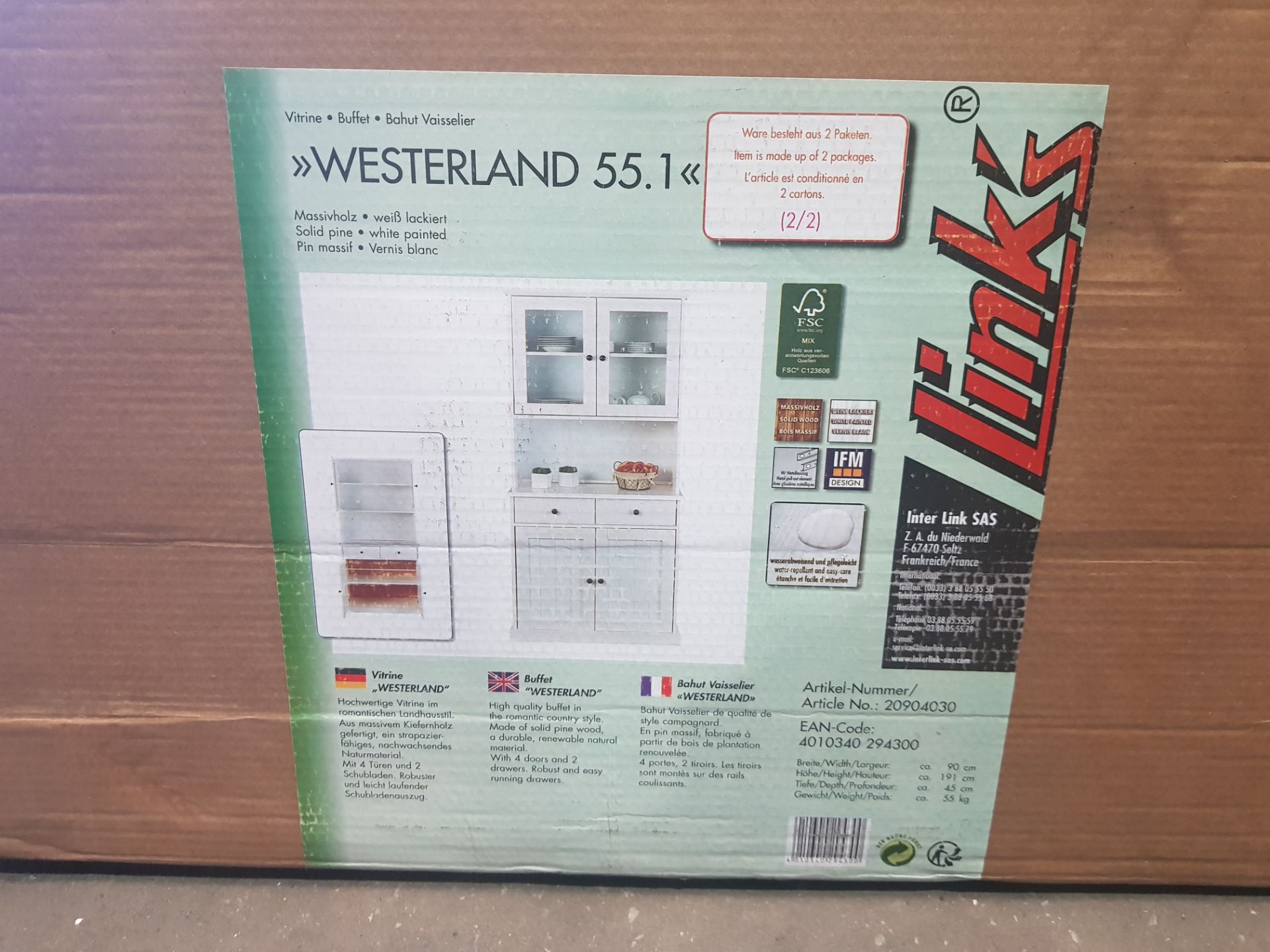 1 X BRAND NEW WESTLAND 55.1 HIGH QUALITY BUFFET SOLID PINE WOOD WHITE PAINTED (W 90 CM / H 191 - Image 2 of 2