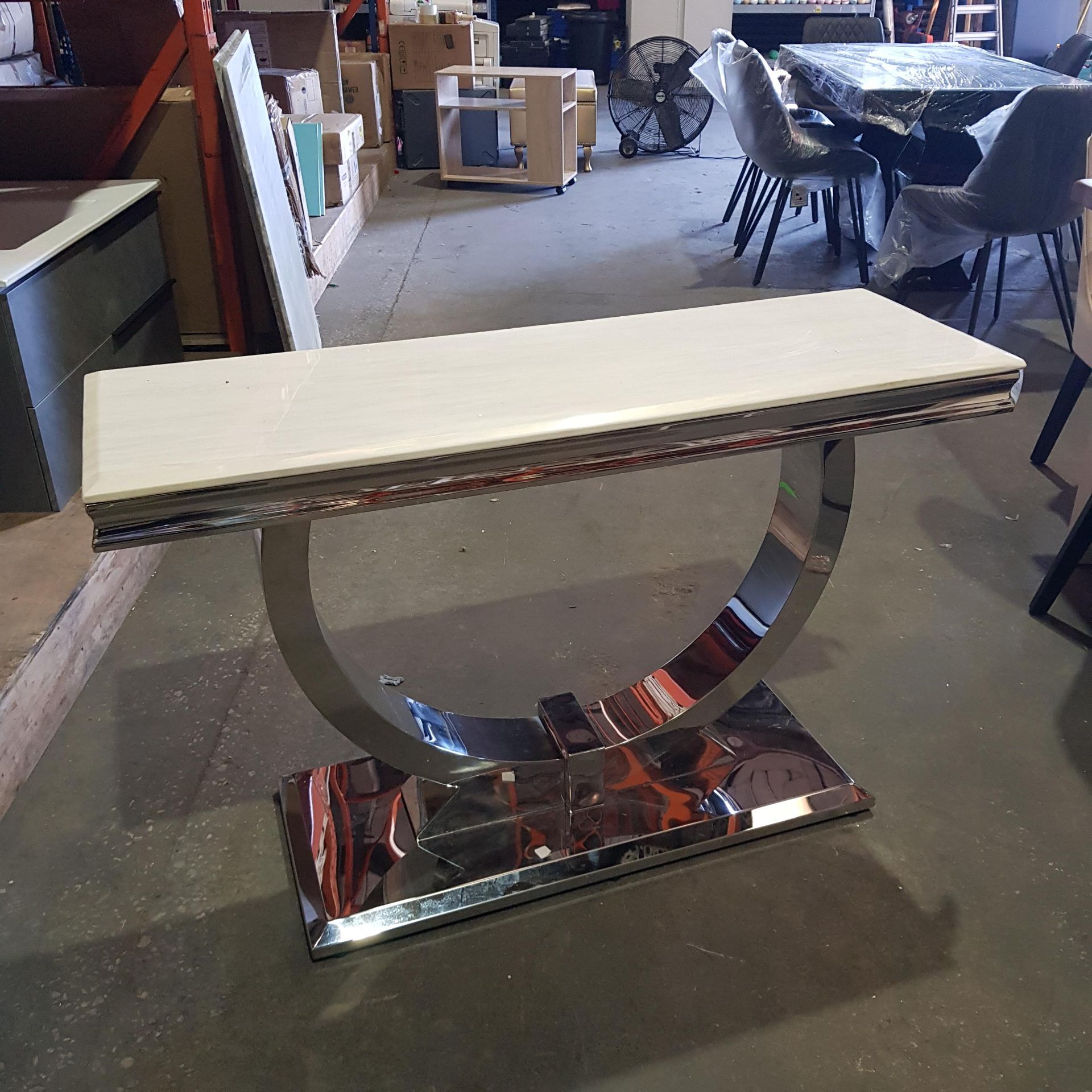 1 X BRAND NEW CURVED CHROME BASE - MARBLE TOP CONSOLE TABLE ( L 120 CM W 40 CM H 75 CM ) RECTIFIED