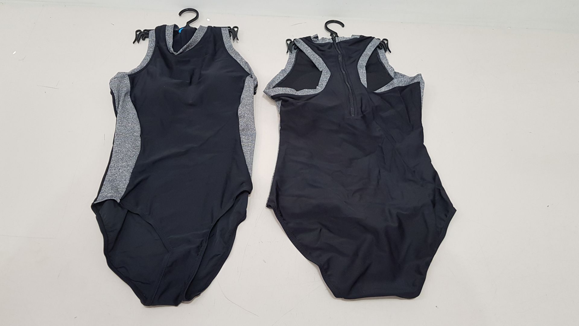 50 X BRAND NEW WORKOUT 1 PIECE SWIMSUITS ZIP UP BACK - IN BLACK AND GREY - IN MIXED SIZES UK 6 / 12