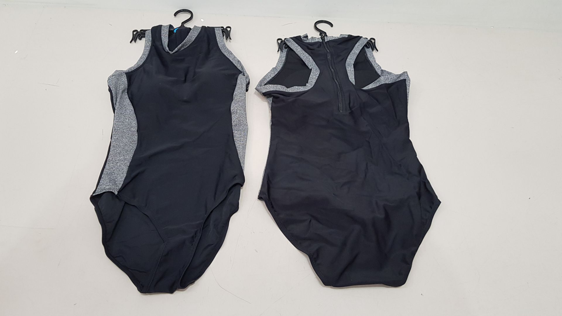 50 X BRAND NEW WORKOUT 1 PIECE SWIMSUITS ZIP UP BACK - IN BLACK AND GREY - IN MIXED SIZES UK 8 /