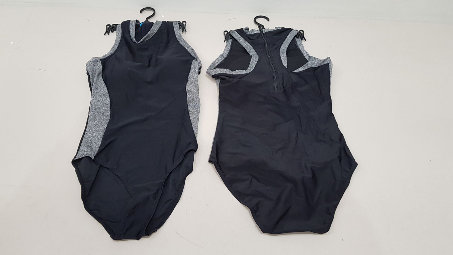 50 X BRAND NEW WORKOUT 1 PIECE SWIMSUITS ZIP UP BACK - IN BLACK AND GREY - IN MIXED SIZES UK 10 /