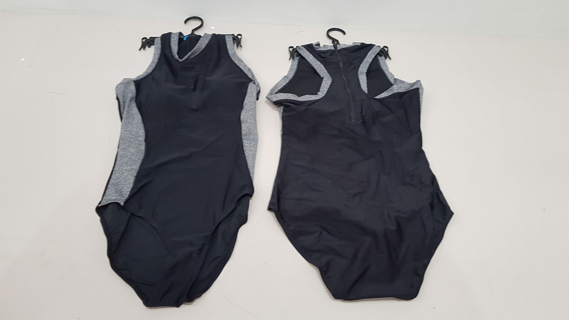 50 X BRAND NEW WORKOUT 1 PIECE SWIMSUITS ZIP UP BACK - IN BLACK AND GREY - IN MIXED SIZES TO INCLUDE