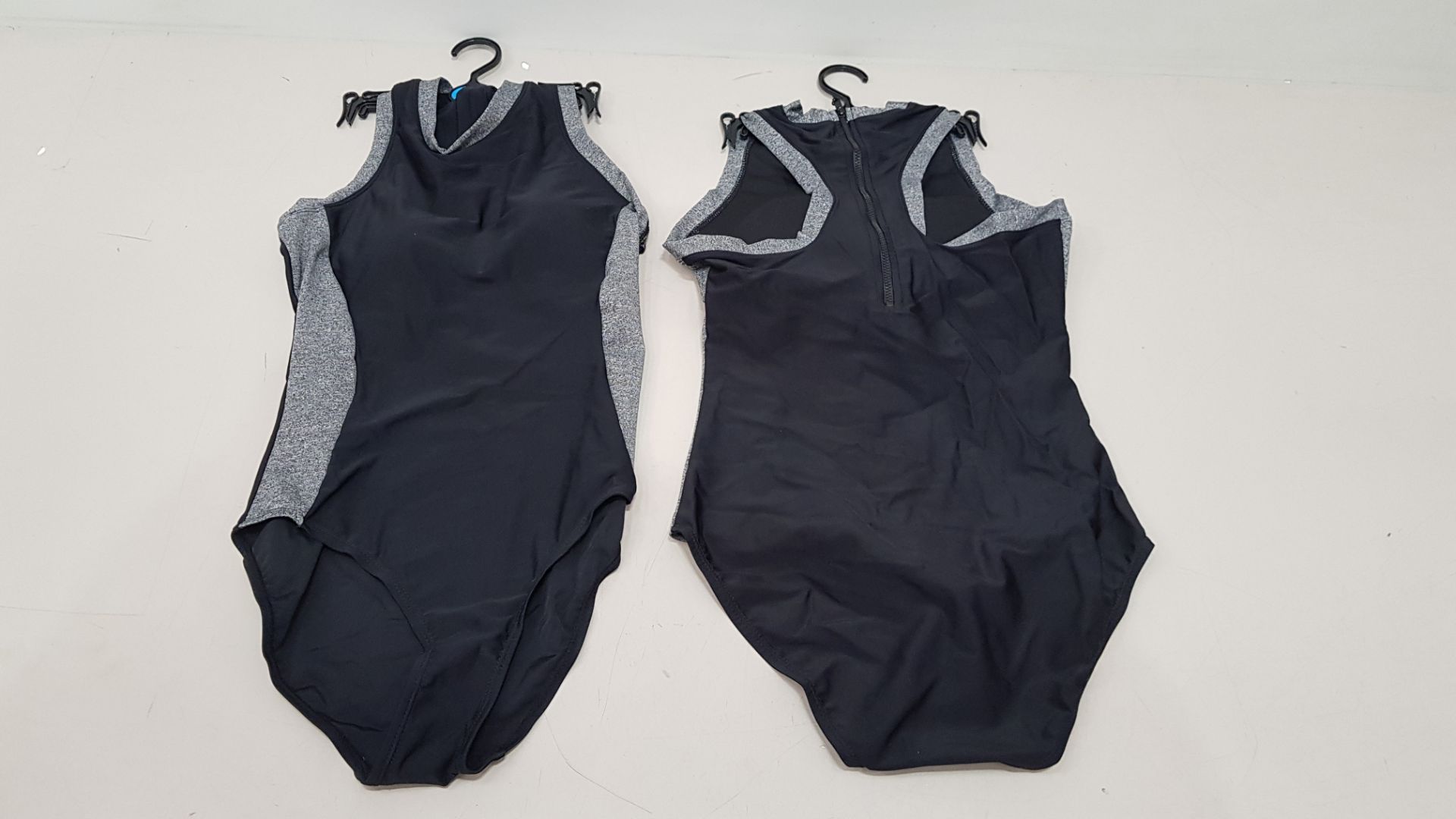 50 X BRAND NEW WORKOUT 1 PIECE SWIMSUITS ZIP UP BACK - IN BLACK AND GREY - IN MIXED SIZES TO INCLUDE