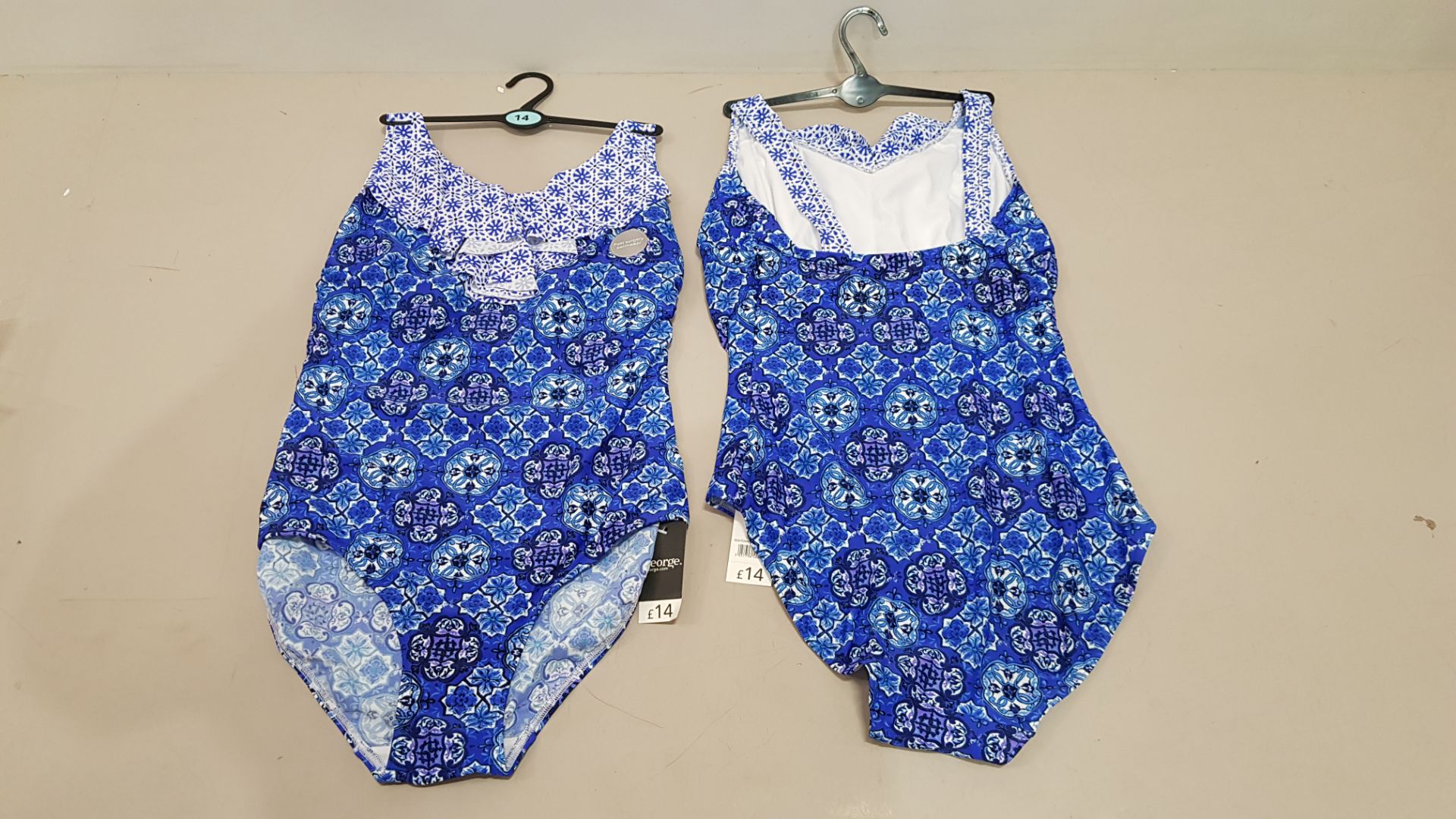 20 X BRAND NEW GEORGE BLUE WOMENS 1 PIECE SWIM SUITS - IN BLUE FLORAL PRINT - IN MIXED SIZES UK 12 /