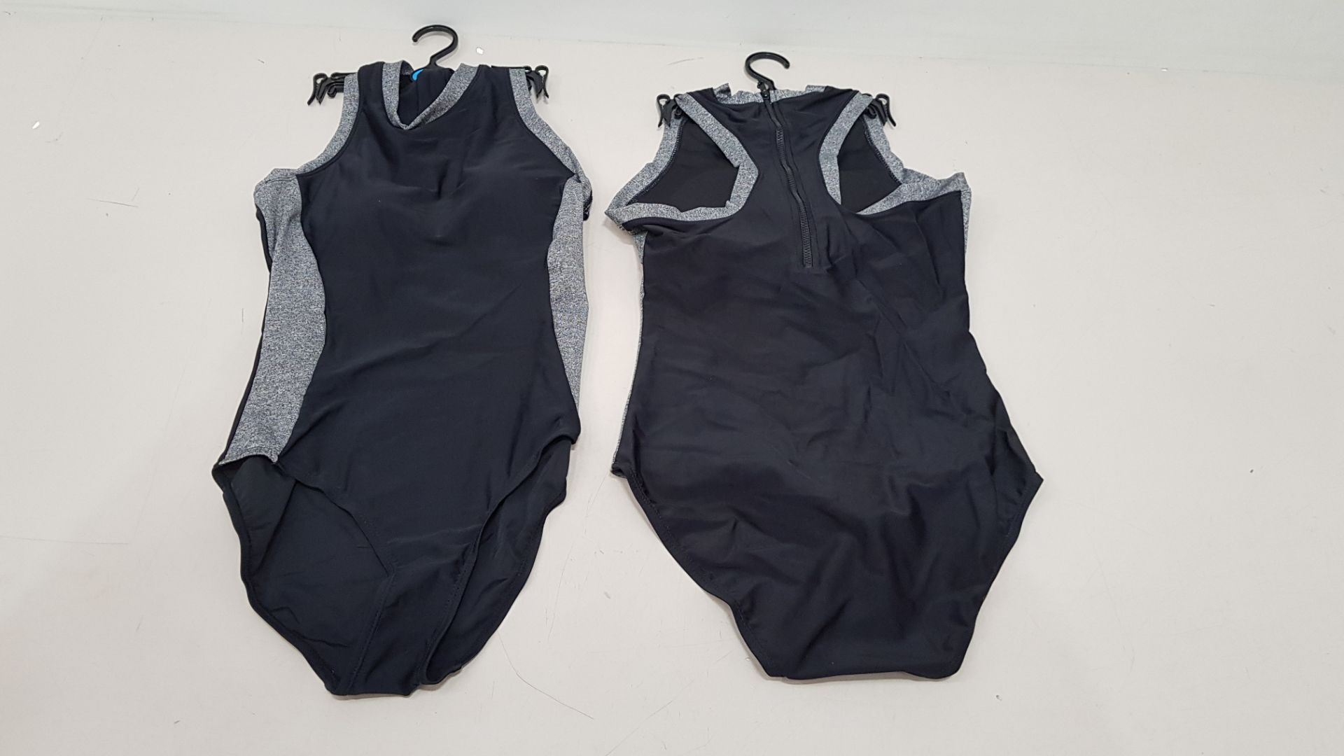 50 X BRAND NEW WORKOUT 1 PIECE SWIMSUITS ZIP UP BACK - IN BLACK AND GREY - IN MIXED SIZES UK 8 /