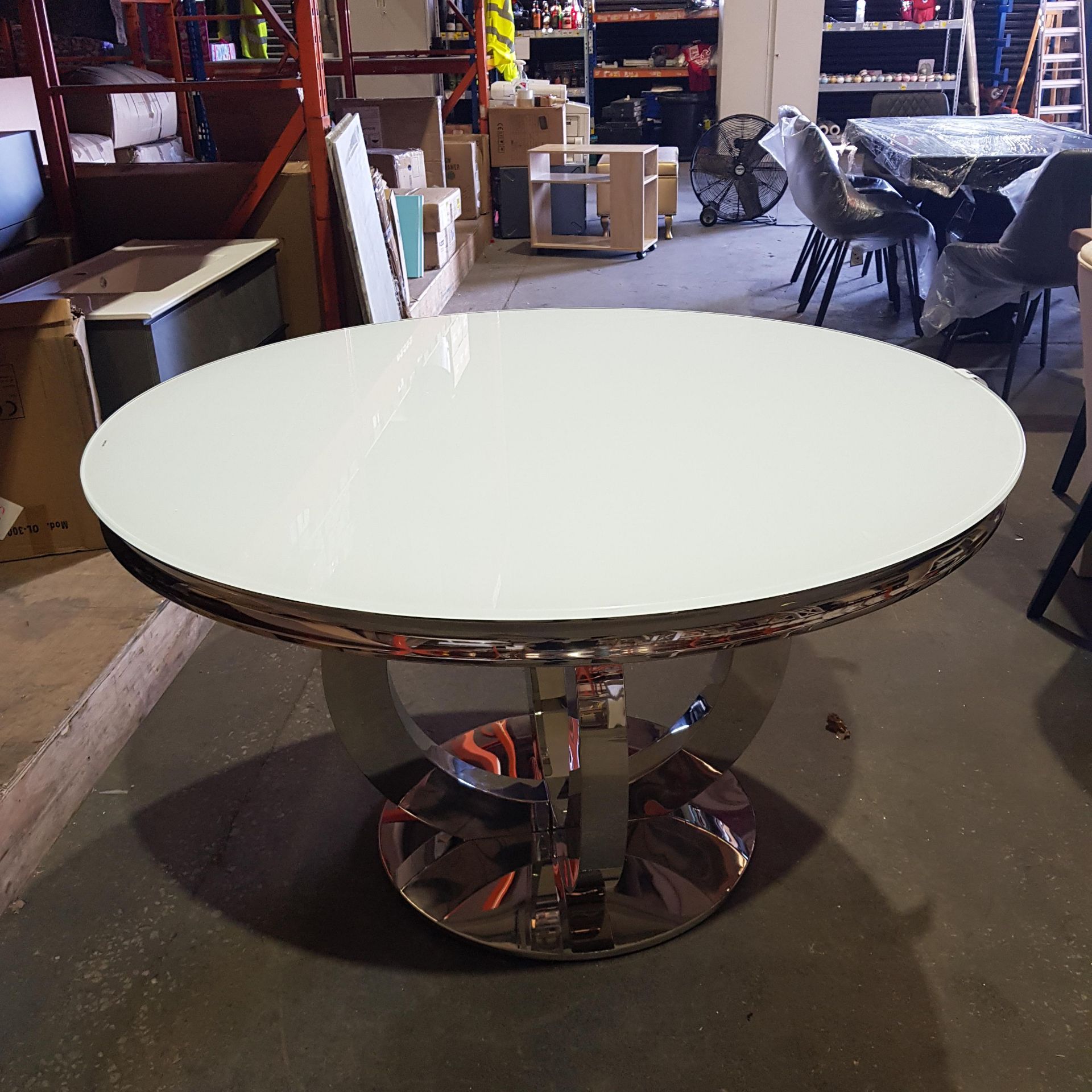 1 X BRAND NEW ( ALREADY BUILT ) SLOANE CHROME CURVED BASE - ROUND GLASS DINING TABLE ( DIAMETER