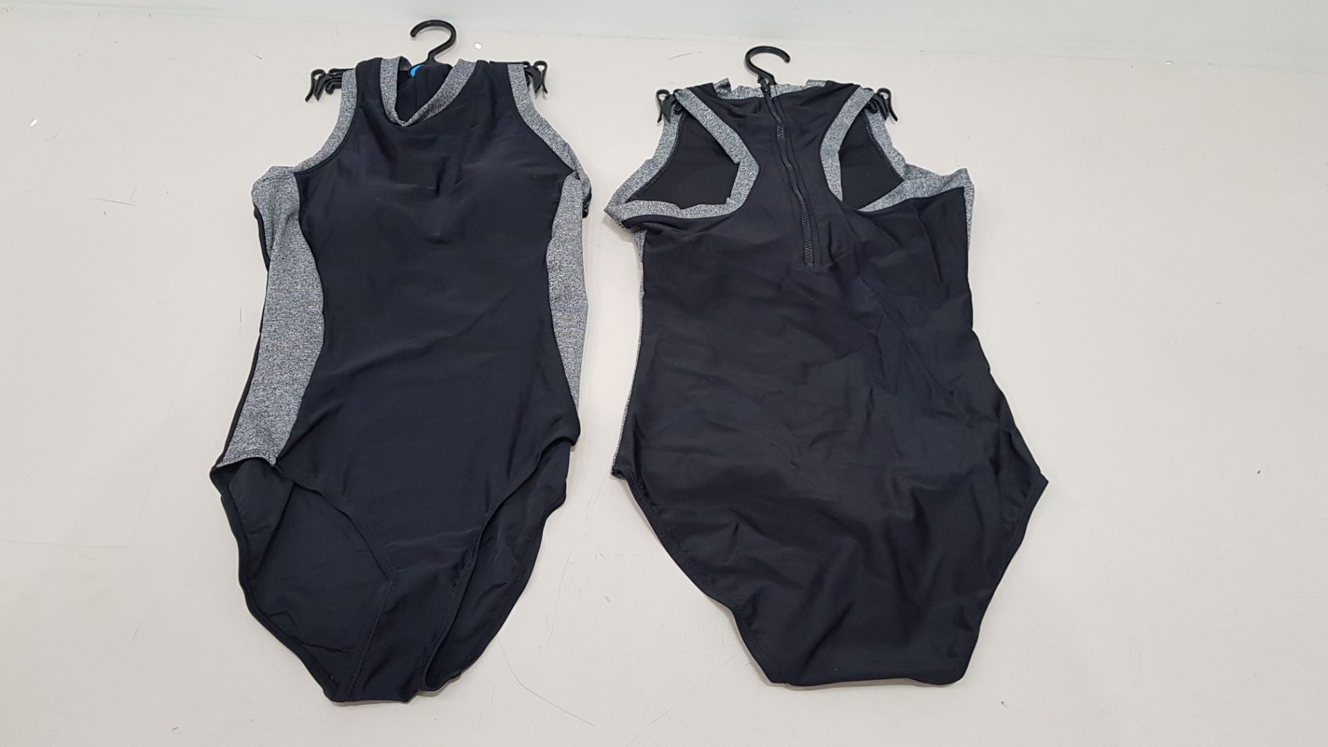 50 X BRAND NEW WORKOUT 1 PIECE SWIMSUITS ZIP UP BACK - IN BLACK AND GREY - IN MIXED SIZES UK 10 /