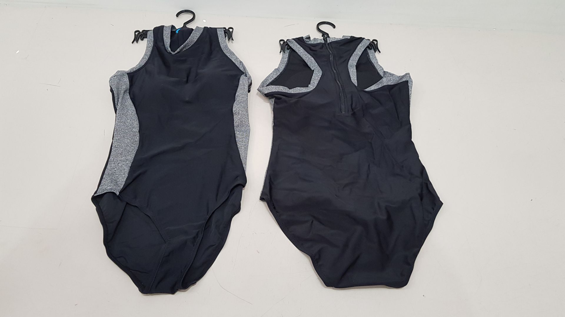 50 X BRAND NEW WORKOUT 1 PIECE SWIMSUITS ZIP UP BACK - IN BLACK AND GREY - IN MIXED SIZES UK 6 / 8 /