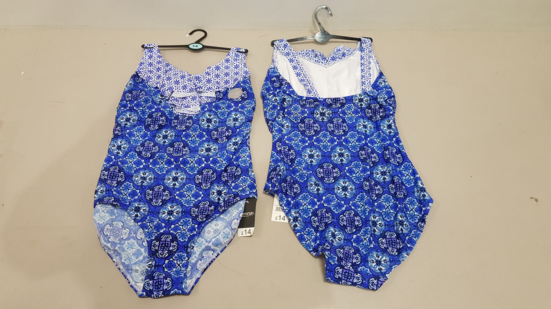 20 X BRAND NEW GEORGE BLUE WOMENS 1 PIECE SWIM SUITS - IN BLUE FLORAL PRINT - IN MIXED SIZES UK 12 /