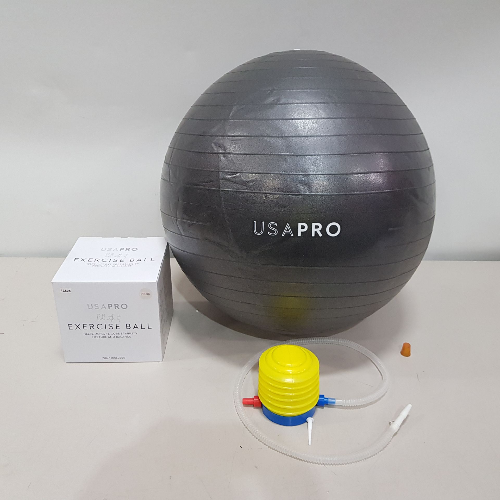 60 X BRAND NEW USA PRO YOGA BALLS IN GREY - INCLUDES PUMP - IN MIXED SIZES TO INLCLUDE 55 CM / 65 CM