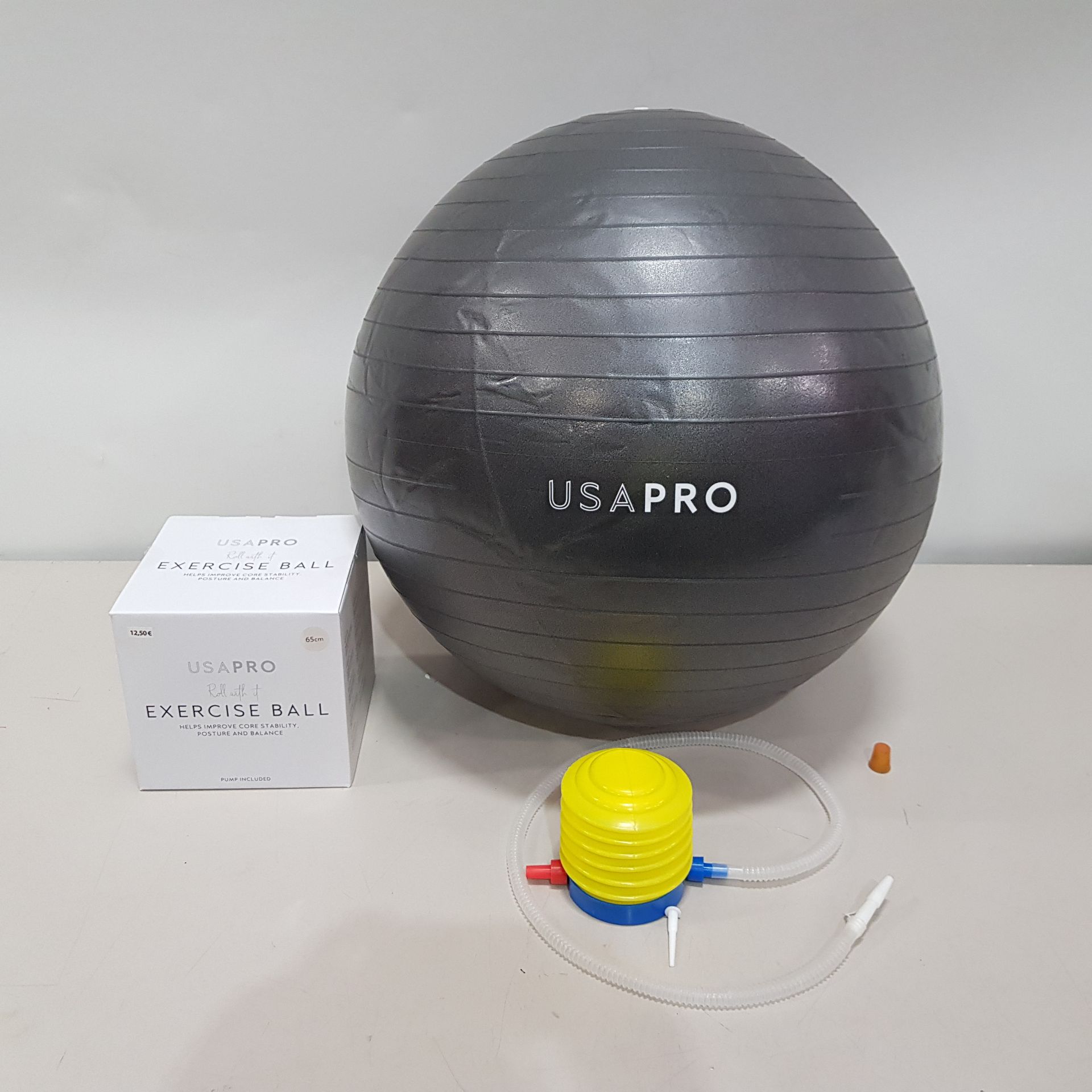 60 X BRAND NEW USA PRO YOGA BALLS IN GREY - INCLUDES PUMP - IN MIXED SIZES TO INLCLUDE 55 CM / 65 CM