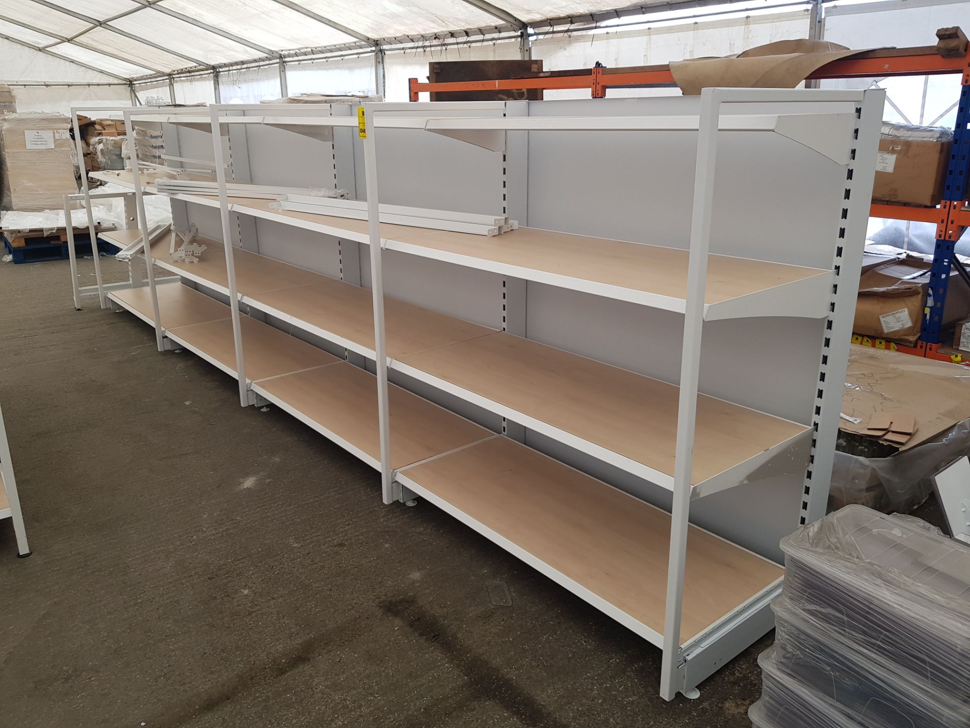 1 X 4 SECTION 4 TIER SHELVING UNIT (1.5m H x 5.35m W x 0.74m D) (5 UPRIGHT COLUMNS & 16 SHELVES WITH