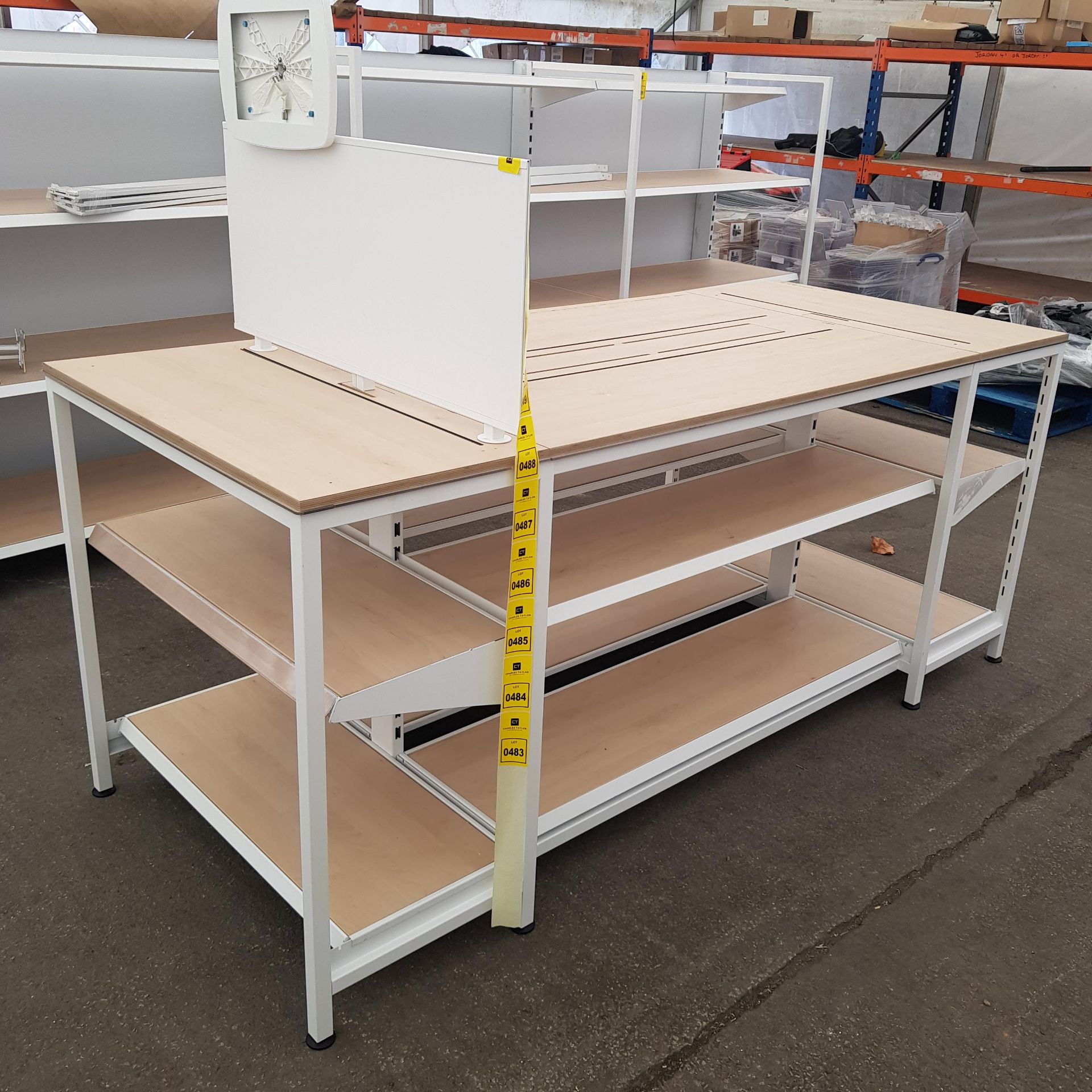 1 X BAY TABLE WITH 2 TIER UNDER SHELVING WOOD BOARDS (0.95m H x 2.22m L x 0.95m W)