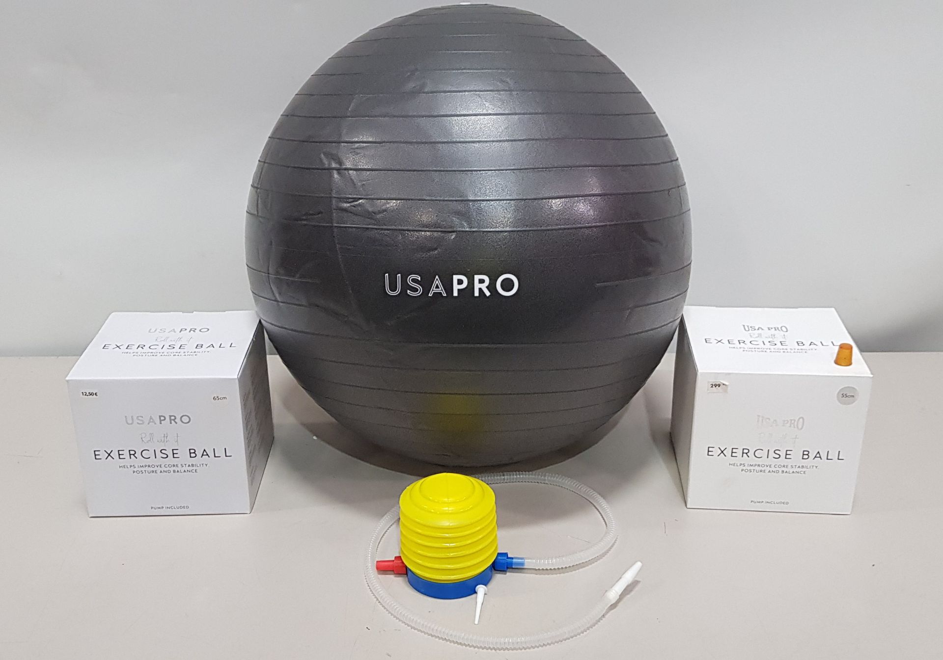 72 X BRAND NEW USA PRO YOGA BALLS IN GREY - INCLUDES PUMP - 65 CM - IN 6 BOXES