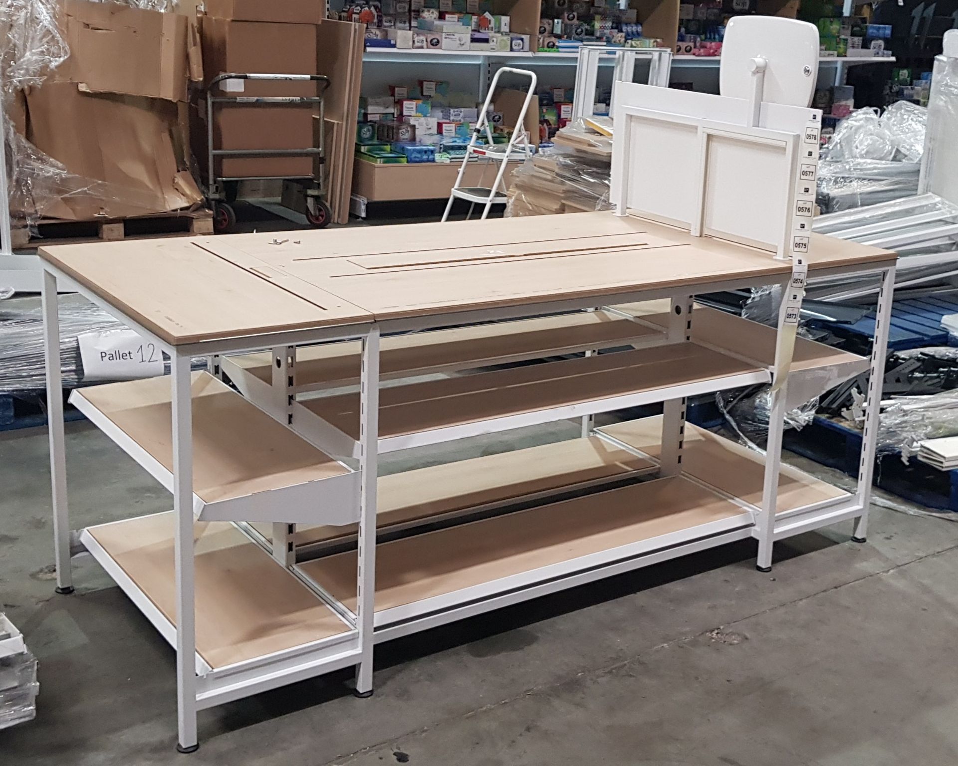 1 X BAY TABLE WITH 2 TIER UNDER SHELVING WOOD BOARDS (0.95m H x 2.22m L x 0.95m W) LOT SELLING