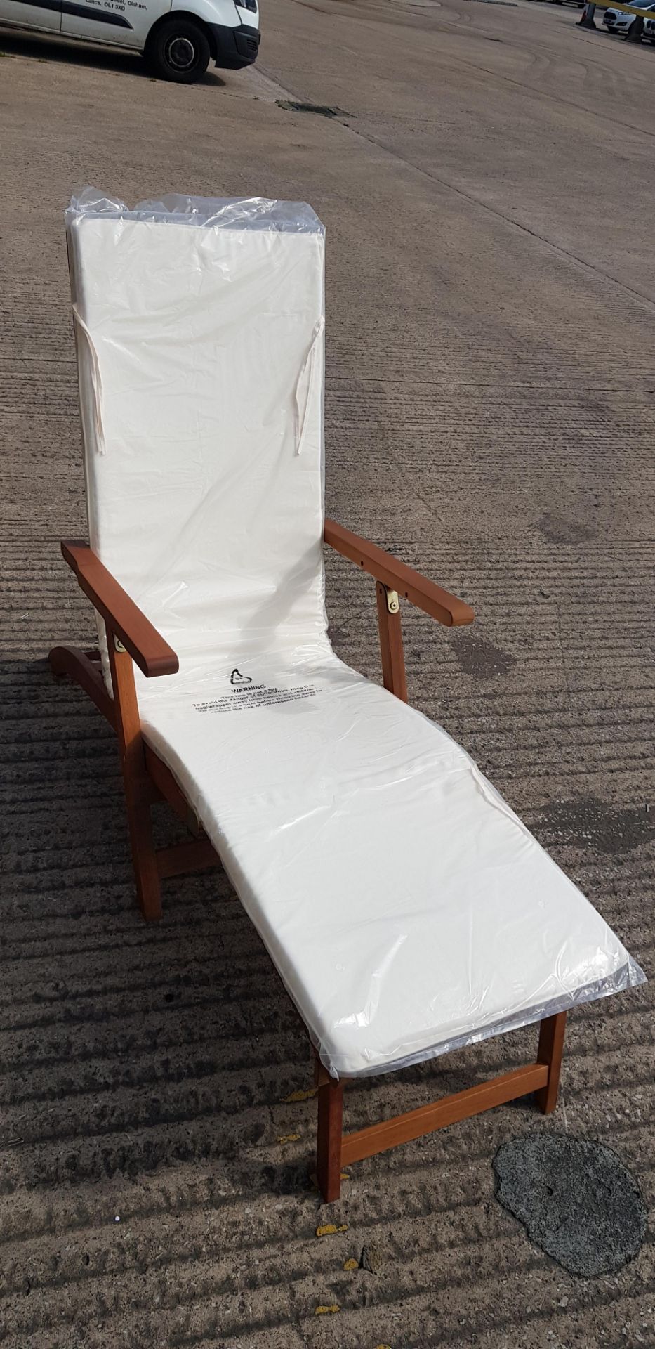 2 X BRAND NEW JOHN LEWIS WOODEN GARDEN LOUNGE CHAIRS WITH FOOT REST AND CUSHION - IN 2 BOXES