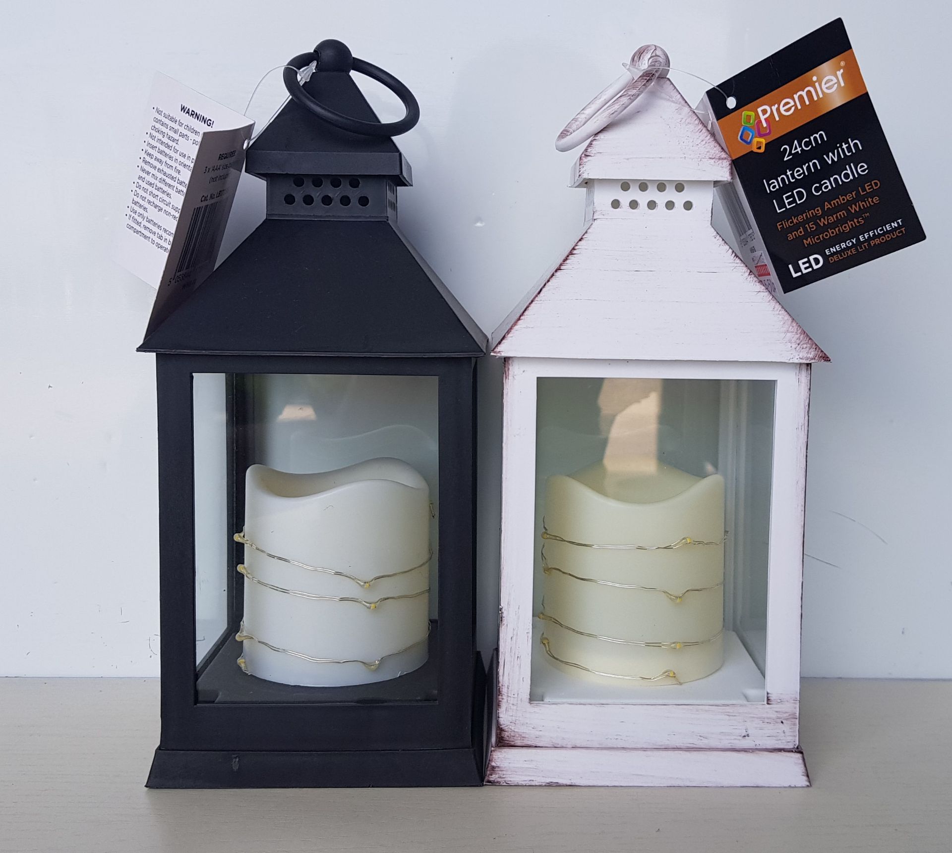45 X BRAND NEW PREMIER 24CM LANTERNS WITH LED CANDLE IN WHITE AND BLACK - (LOAD7 PALLET23)
