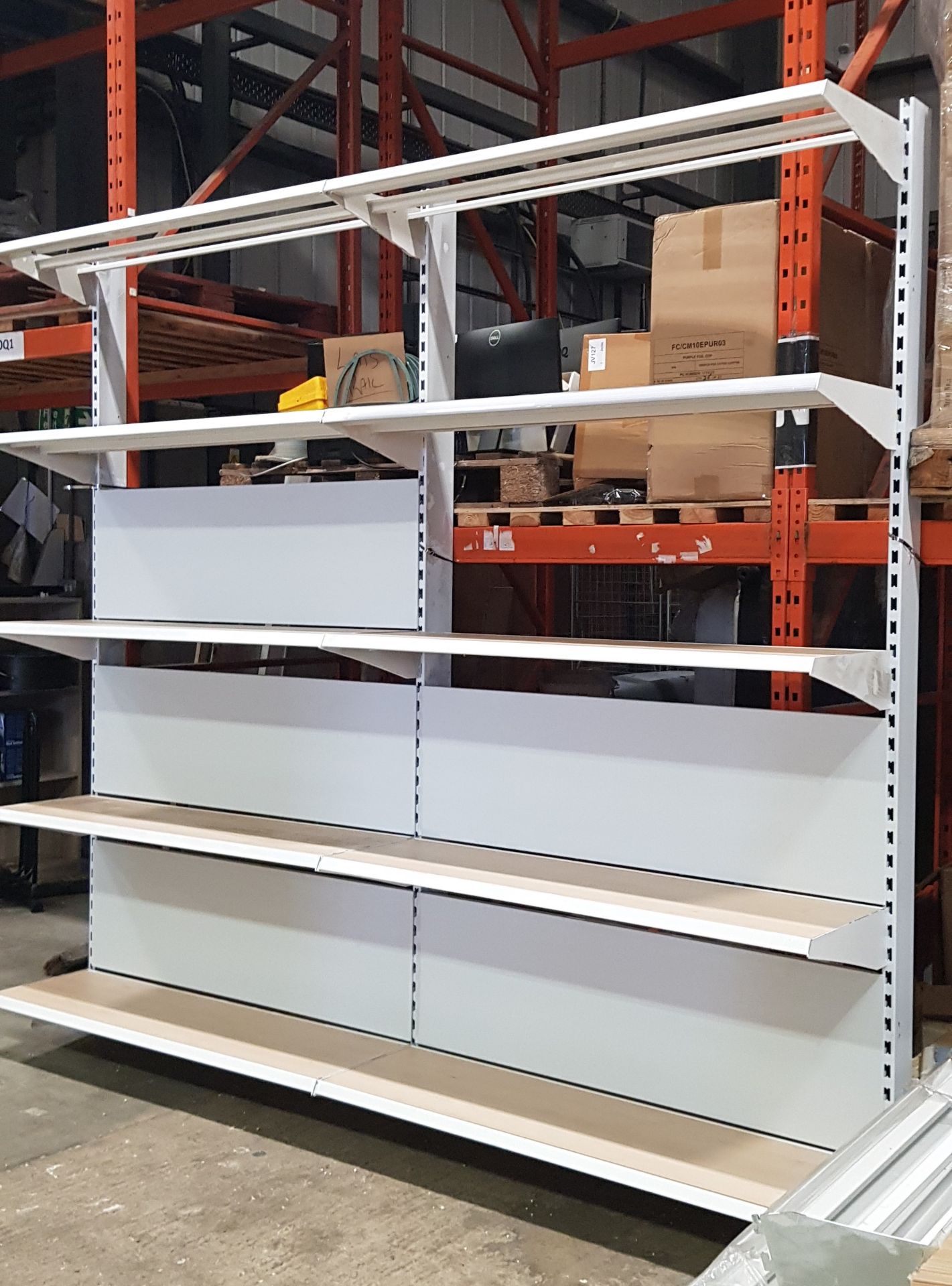 1 X 6 TIER 3M HEIGHT SHELVING UNIT - 10 SECTIONS - 11 UPSTANDS - 60 SHELVES - 60 BOARDS - LENGTH