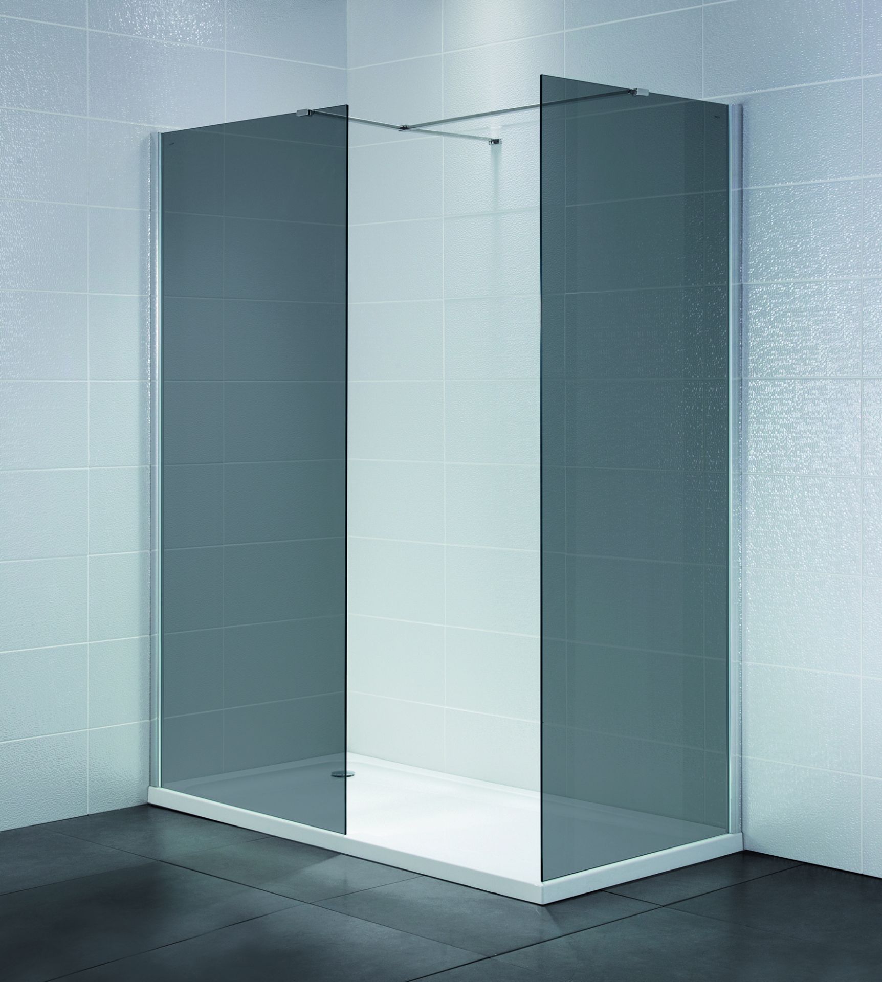 2 X BRAND NEW IDENTITI APRIL 1000MM WIDE x 1950 HIGH x 8MM THICK SMOKED GLASS WETROOM PANELS (