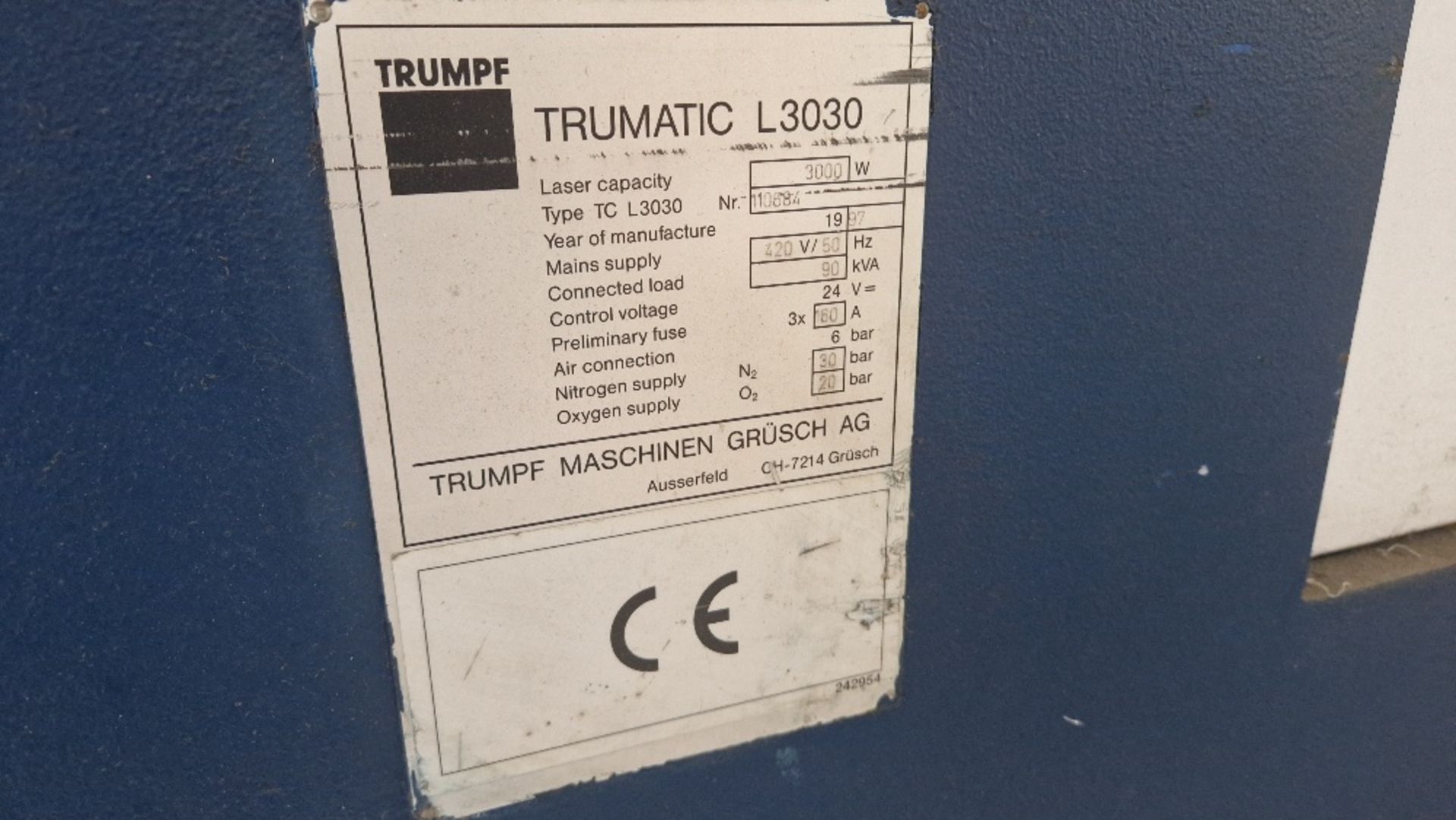 TRUMPH TRUEMATIC L3030 LASER CUTTER, LASER CAPACITY 3000W, YEAR 1991, SERIAL NUMBER: 110884. *** - Image 8 of 12