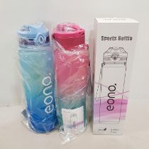 36 X EONA PLASTIC 1000ML SPORTS BOTTLE SILICONE RING / CLAMP CLOSURE - IN BLUE AND PINK./GREEN