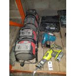 7 PIECE MIXED TOOL LOT CONTAINING 4 X SPACE HEATER 2.5 KW / RYOBI RECIPRICATING SAW WITH BATTERY /