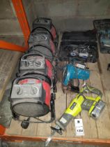 7 PIECE MIXED TOOL LOT CONTAINING 4 X SPACE HEATER 2.5 KW / RYOBI RECIPRICATING SAW WITH BATTERY /
