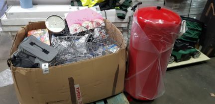 FULL LARGE BOX CONTAINING JET RANGE CONTRA- FLEX 200L BOILER RED AQUAPUR IRON AND IRONING BOARD