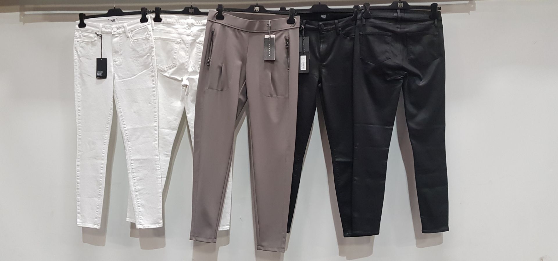 5 PIECE MIXED BRAND NEW PANTS LOT CONTAINING 2 X PAIGE BLACK FOG LUXE COATING PANTS, 2 X PAIGE