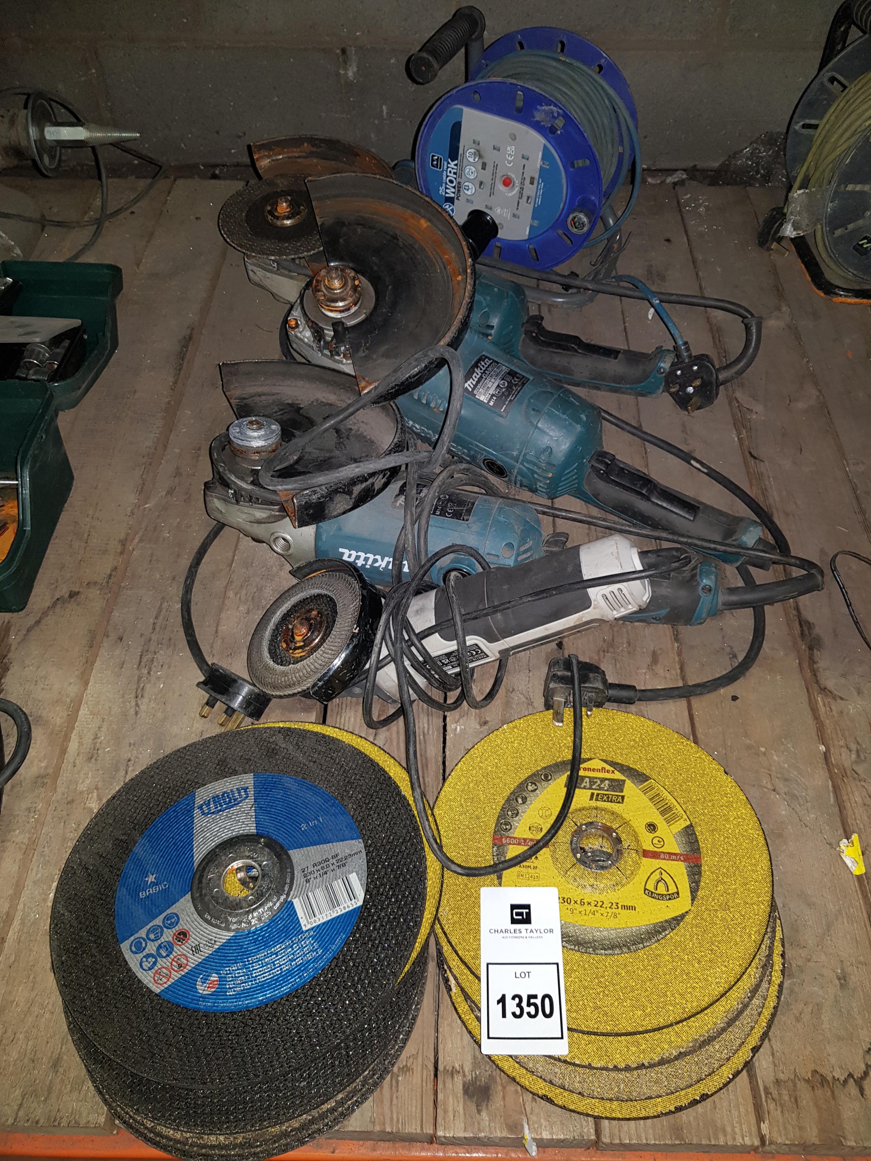 5 PIECE MIXED TOOL LOT CONTAINING 4 GANG 25 M EXTENTION LEAD / 3 X MAKITA ANGLE GRINDER 230 MM -(