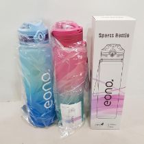 36 X EONA PLASTIC 1000ML SPORTS BOTTLE SILICONE RING / CLAMP CLOSURE - IN BLUE AND PINK./GREEN