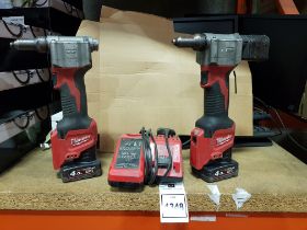 2 X MILWAUKEE M12 ( BPRT) BATTERY POWERED RIVET GUNS - RED LITHIUM BATTERYS -INCLUDES 1 X CHARGER