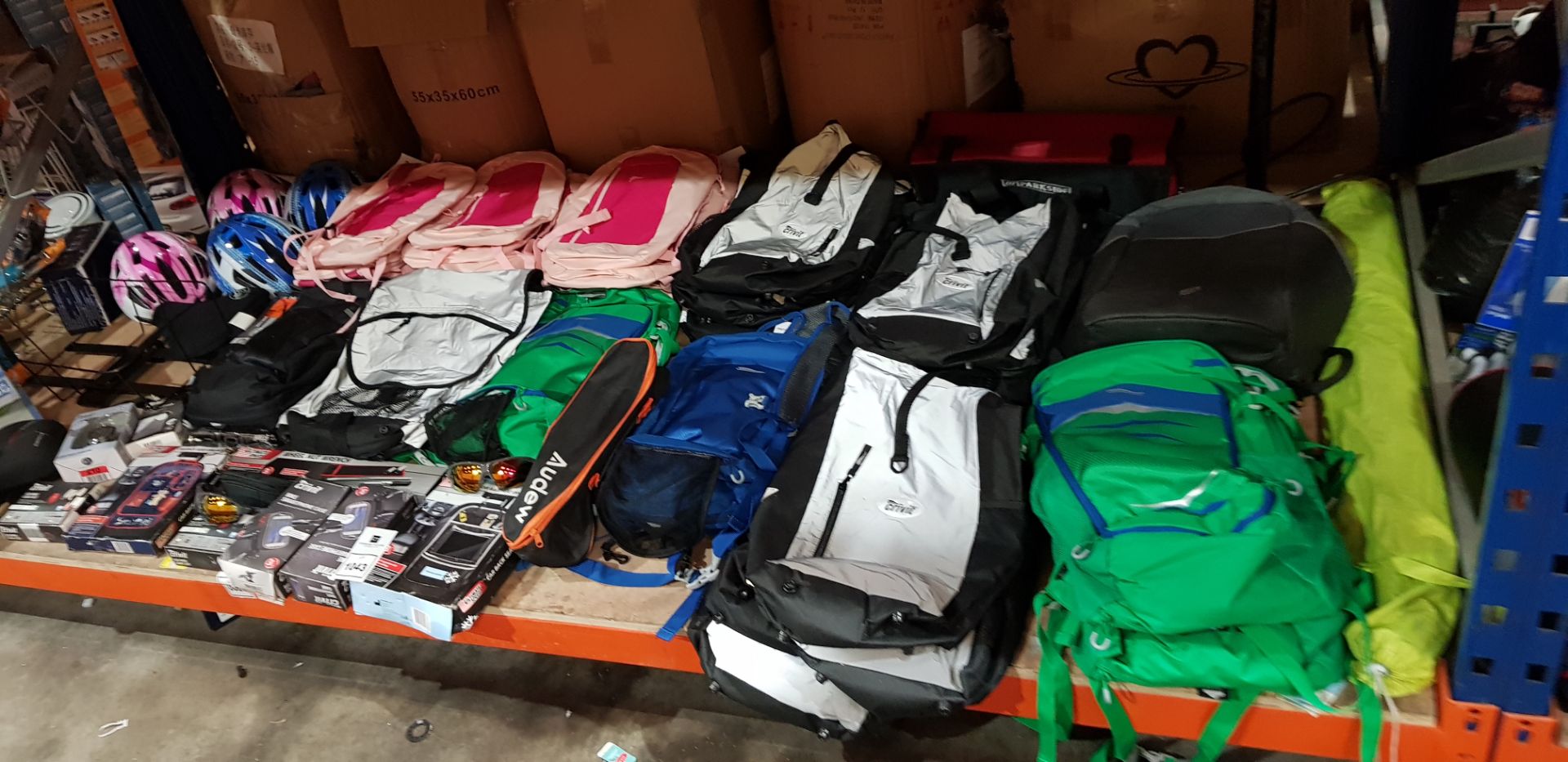 60 PIECE MIXED LOT CONTAINING BIKE HELMETS , CRIVIT BACKPACKS VARIOUS COLOURS PINK AND SALMON ,