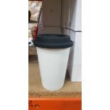 180 X BRAND NEW GLASS COFFE MUGS WITH SILICONE LIDS - IN INDIVIDUAL BOXES