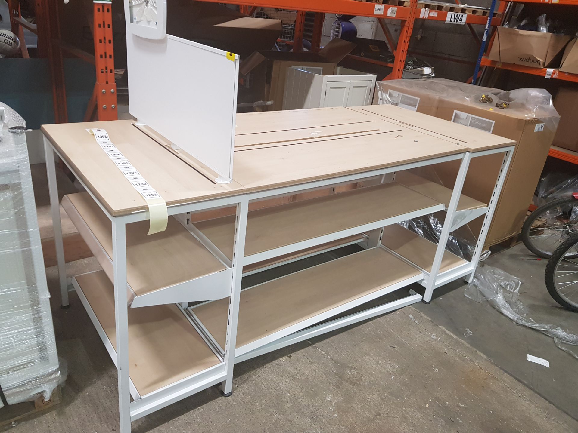 1 X BAY TABLE WITH 2 TIER UNDER SHELVING WOOD BOARDS (0.95m H x 2.22m L x 0.95m W) LOT SELLING