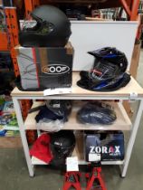 7 PIECE BRAND NEW LOT CONTAINING SGTTX BIKER HELMET IN BLUE AND BLACK , ZORAX BIKER HELMETS IN BLACK