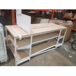 1 X BAY TABLE WITH 2 TIER UNDER SHELVING WOOD BOARDS (0.95m H x 2.22m L x 0.95m W) LOT SELLING