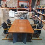 1 X COMPLETE BOARD ROOM TABLE ( MINOR SCRATCHES ) AND 5 X FAUX LEATHER WITH GLOSS OAK ARM